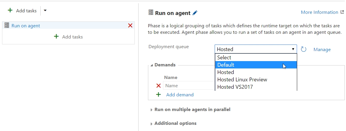 In the middle pane, Run on agent is selected. On the right, in the Run on agent pane, on the Deployment queue drop-down list, Default is selected.